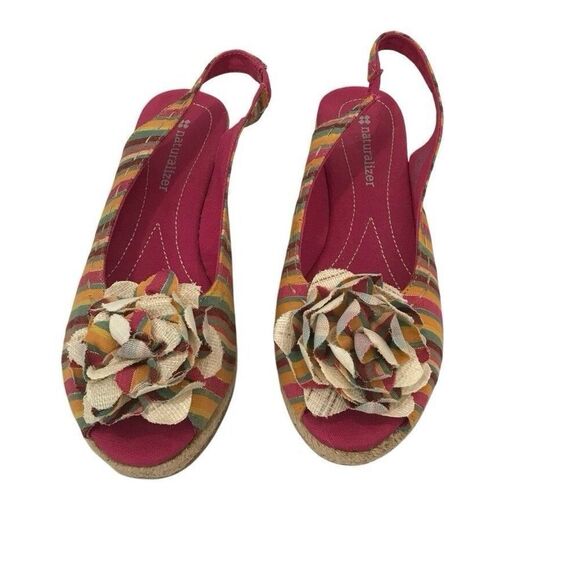 Naturalizer Espadrille Slingback Peep Toe Wedge Women 7M Pink Floral Stripe Mint - Picture 6 of 6